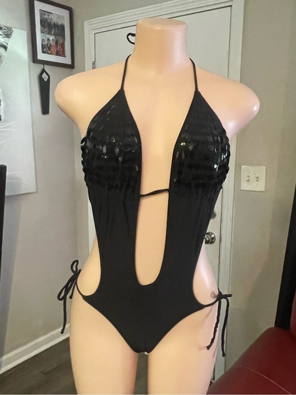 Apple bottoms Black Plunge One-Piece Women's Swimsuit with Sequined Cups